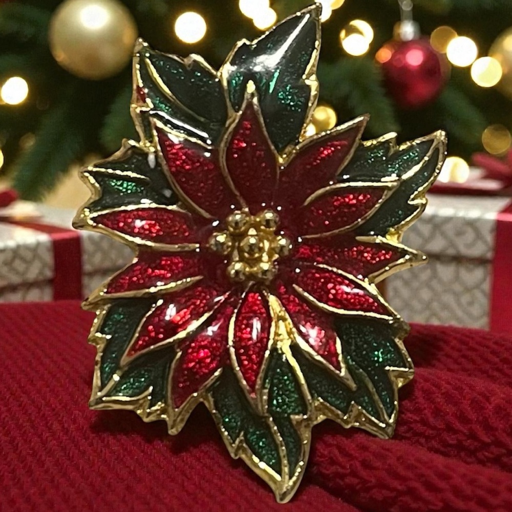 Vintage SFJ Signed Enamel Christmas Poinsettia Flower Brooch Pin 1960s Gold